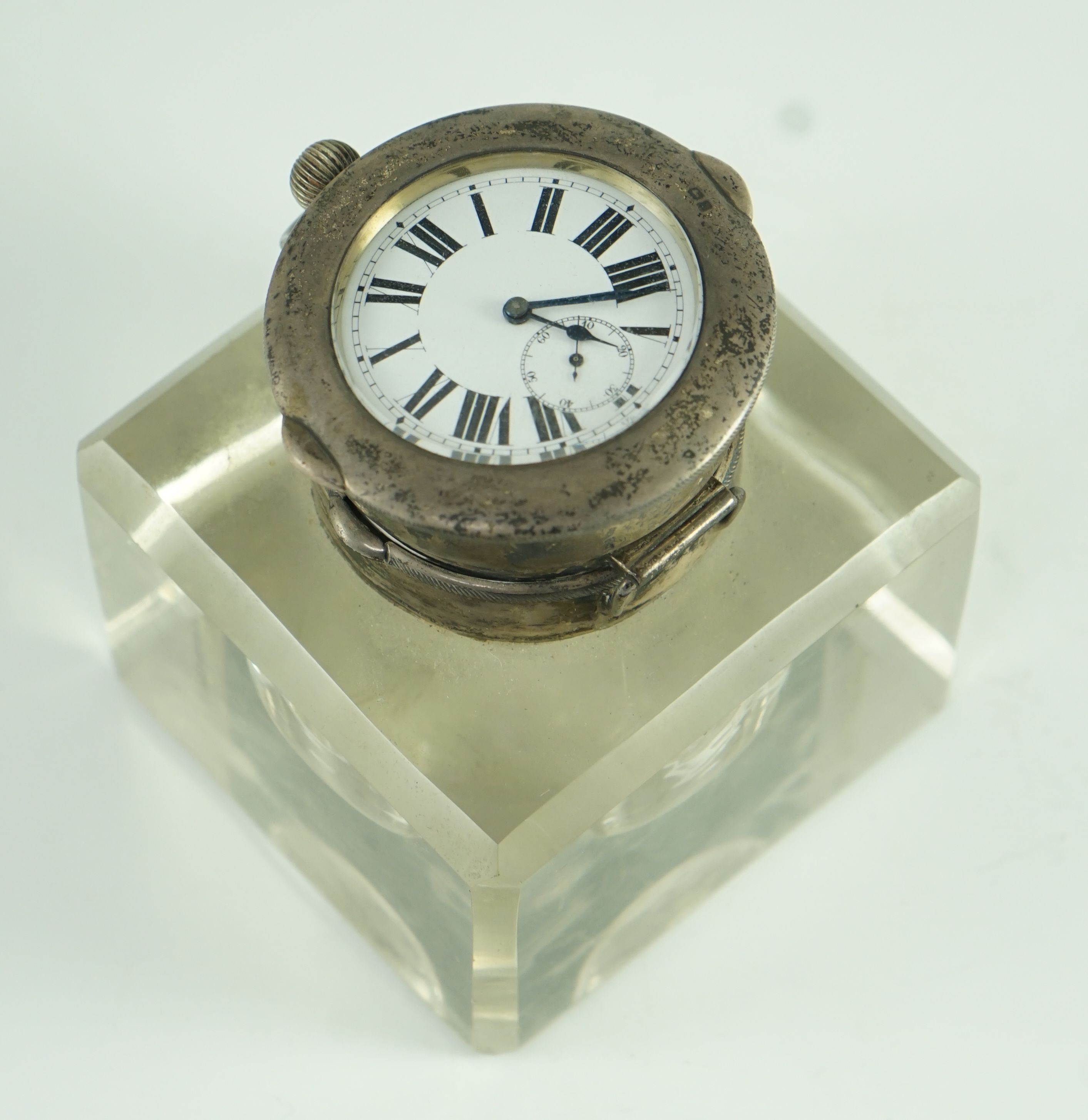 An Edwardian silver mounted glass combination pocket watch holder/inkwell, by John Charles Grinsell